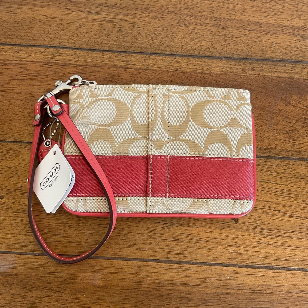 Coach SIG Zip Wristlet Khaki with Papaya Stripe